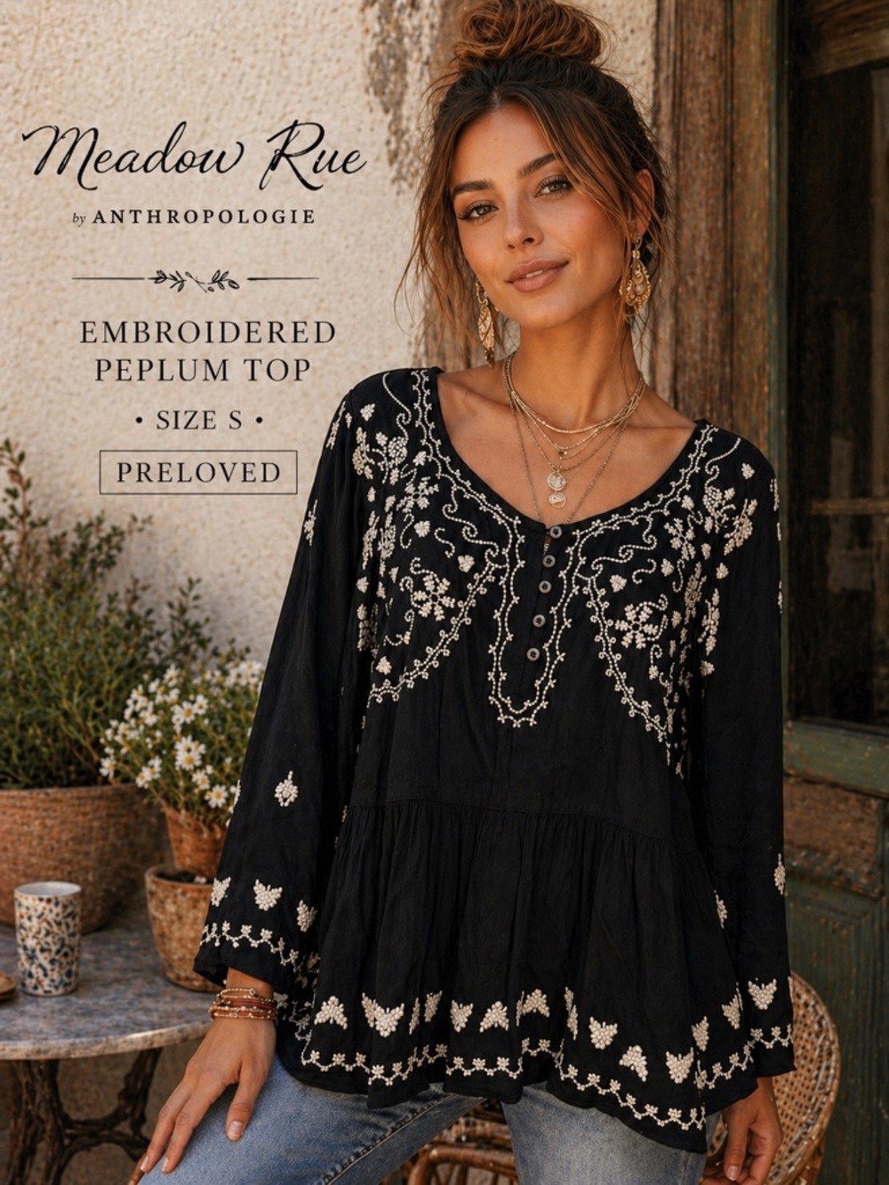 Anthro Meadow Rue Black Embroidered Peplum Top Boho Tunic Size S Preloved